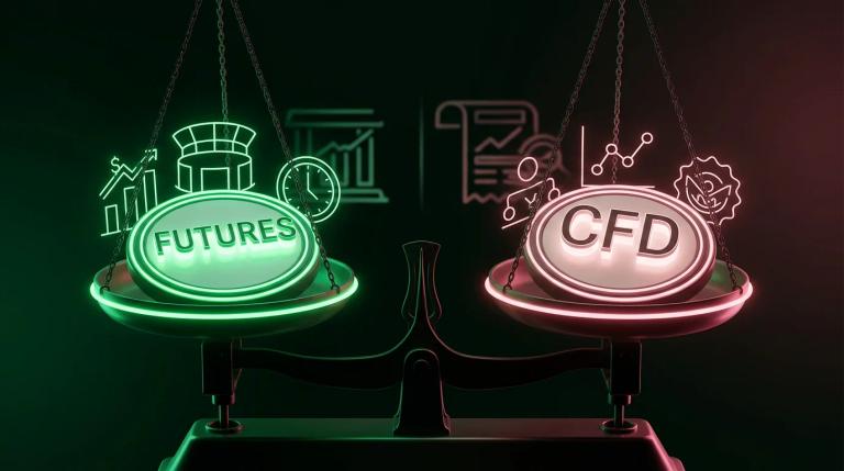 Bilancia a due piatti con futures su un lato e CFD sull'altro, su uno sfondo di dati finanziari