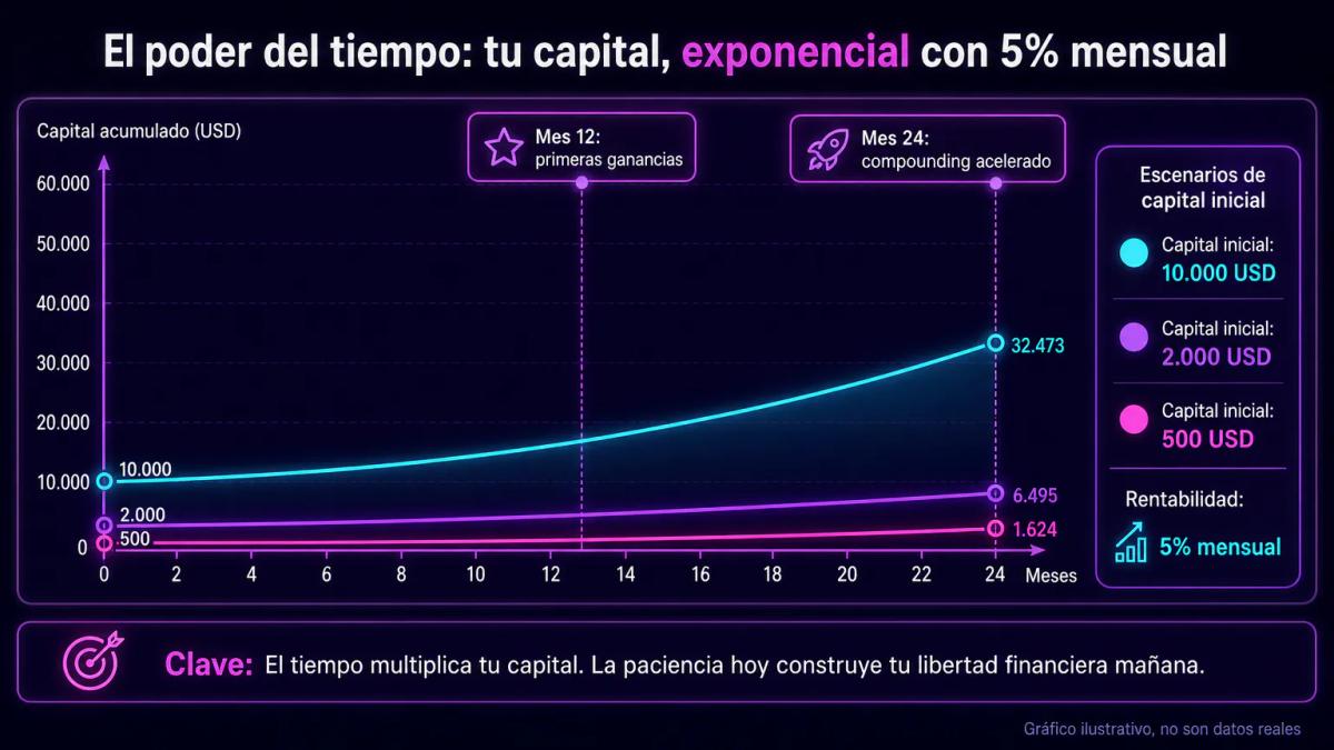 Tres curvas de crecimiento exponencial comparando compounding a 12 y 24 meses con capitales de 500, 2.000 y 10.000 USD