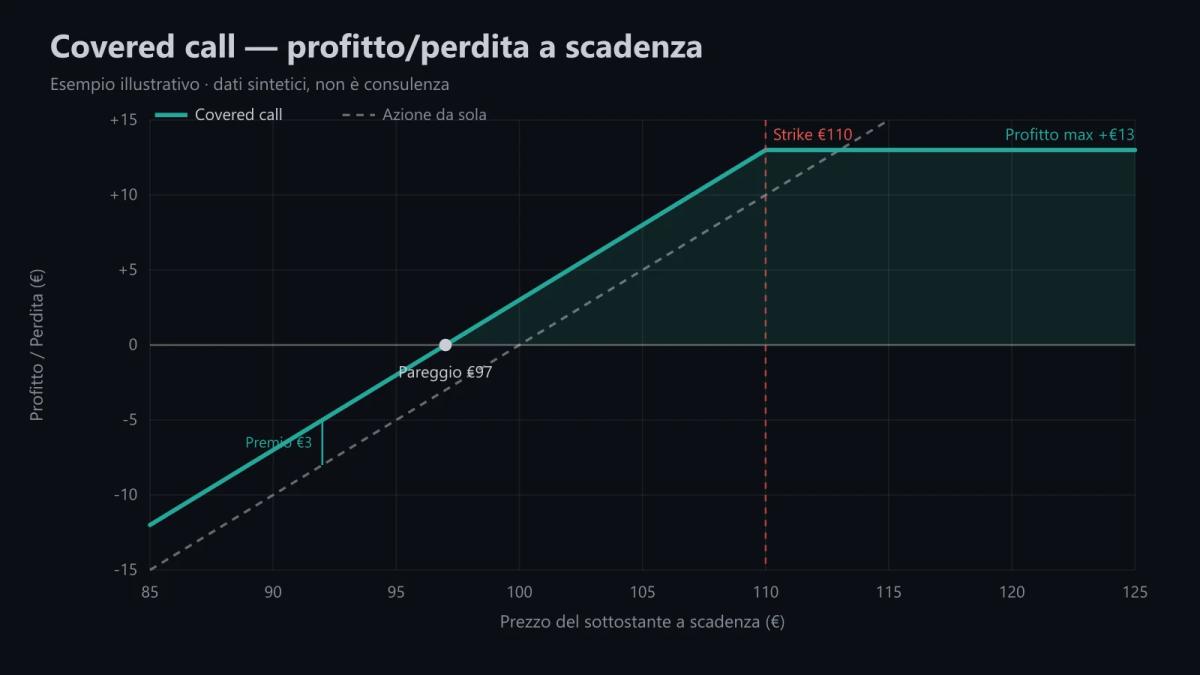 Profitto/perdita di una covered call: il premio attutisce i ribassi e limita il guadagno oltre lo strike (Esempio illustrativo · dati sintetici)