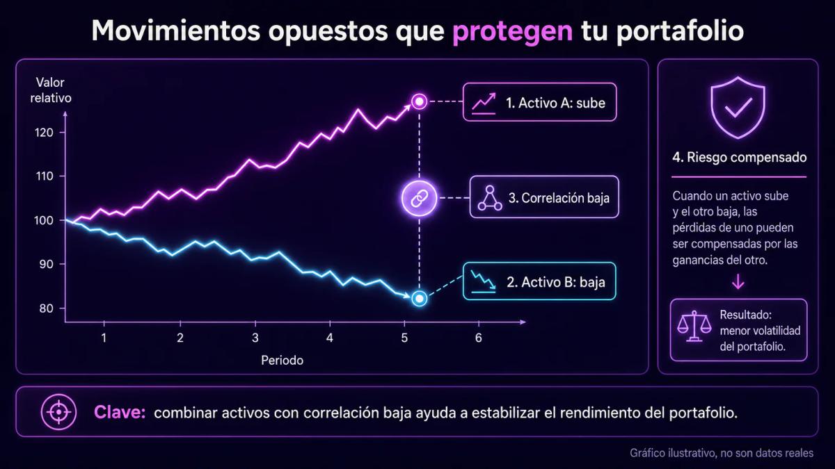 Gráfico editorial ilustrando correlación baja entre dos activos: cuando uno baja, el otro sube, compensando el riesgo