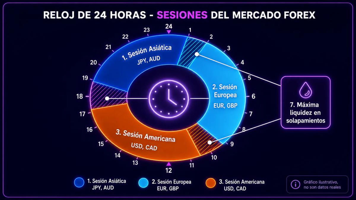 Calendario de sesiones forex con tres zonas horarias y pares activos destacados en cada una