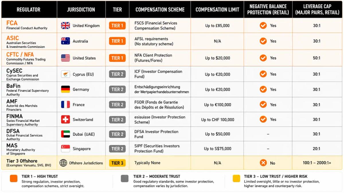 Forex broker regulatory comparison table showing compensation limits, leverage caps, and client protections by regulator