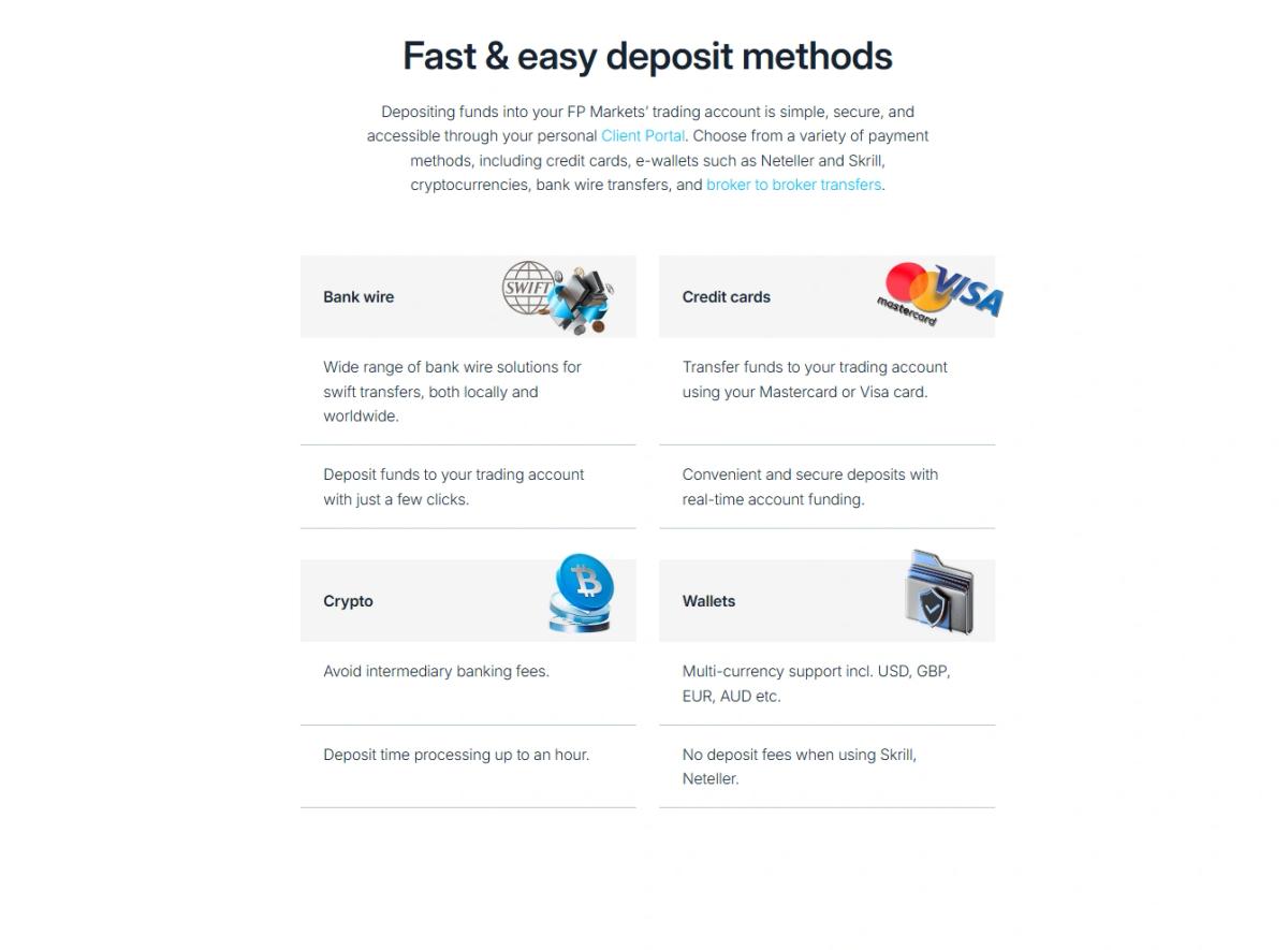 FP Markets deposit and withdrawal methods including crypto options