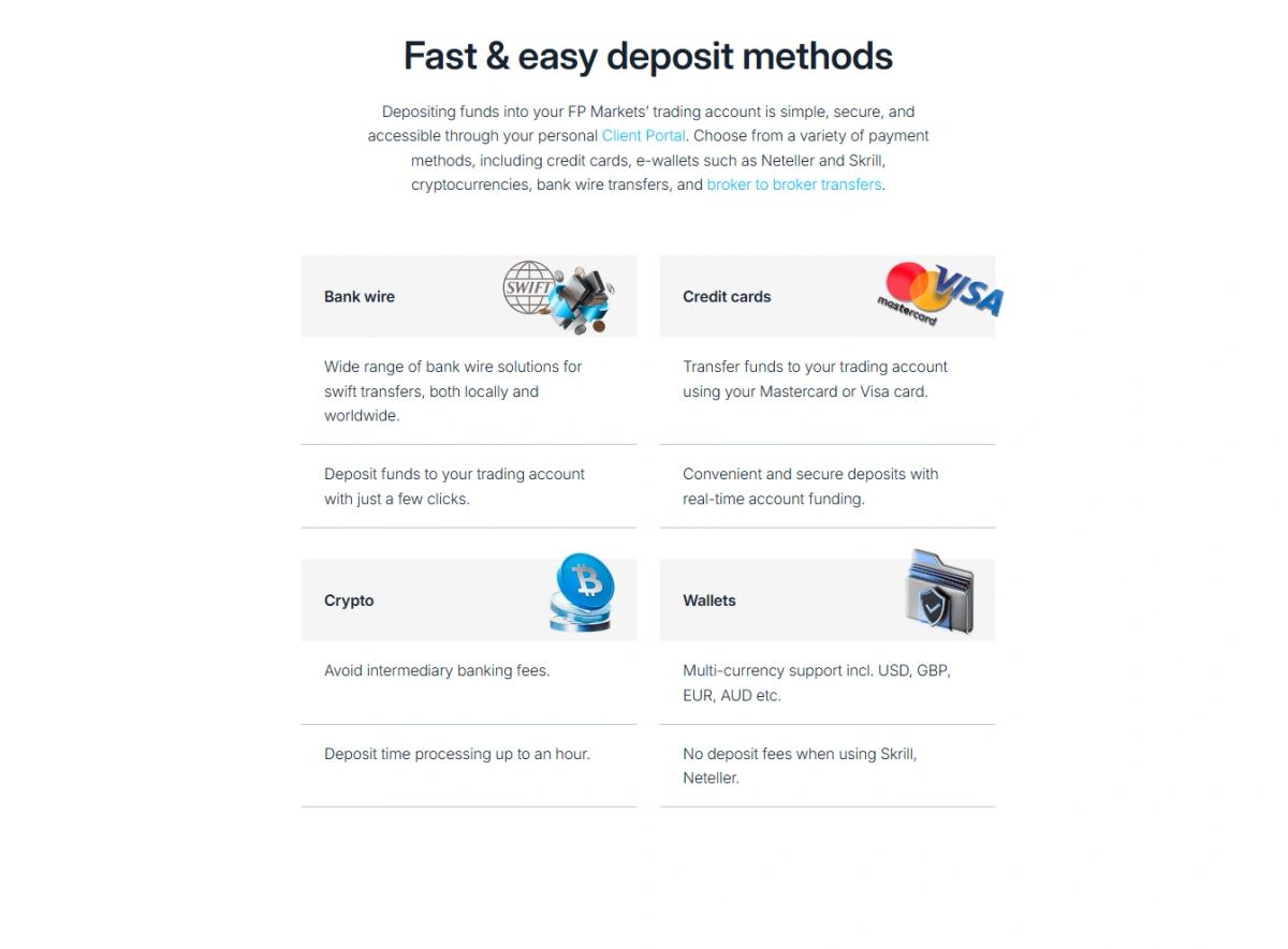 FP Markets deposit and withdrawal methods including crypto options