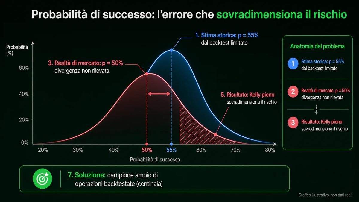Due distribuzioni di probabilità sovrapposte: stima storica vs realtà di mercato, con divergenza evidenziata