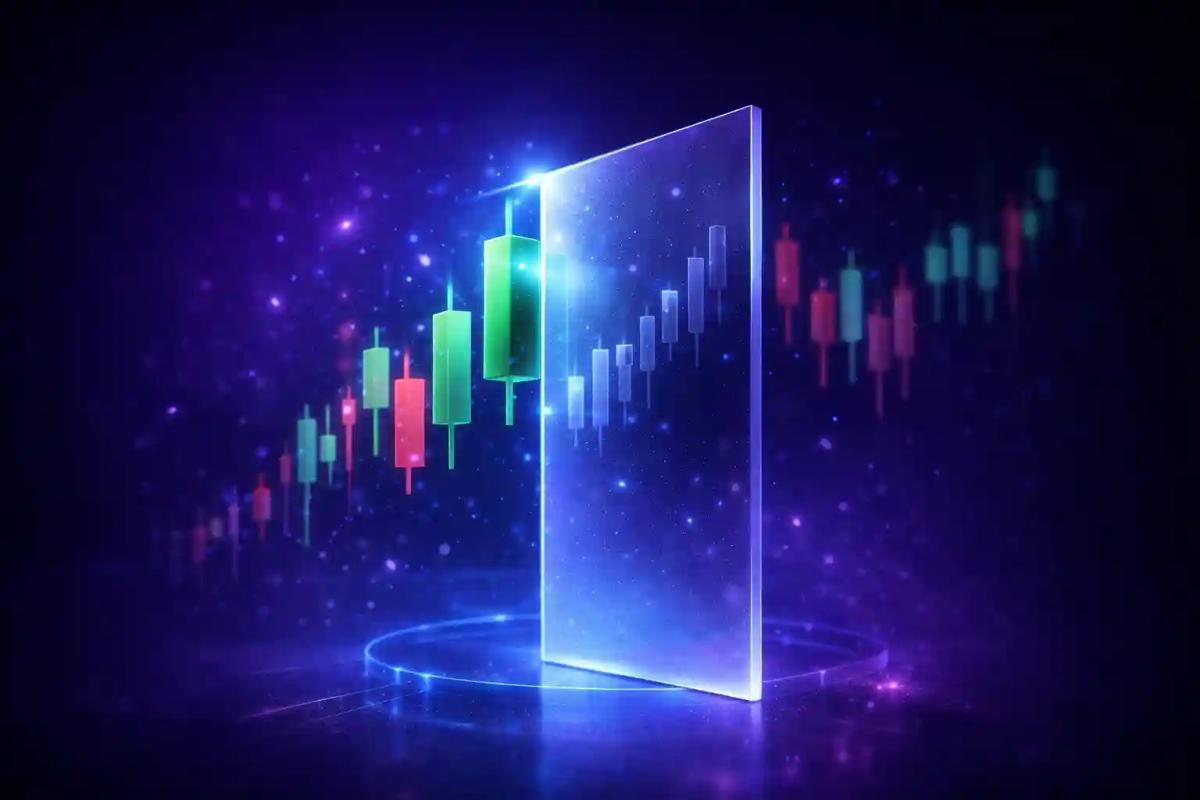 Gráfico de velas 3D bloqueado por barrera de cristal translúcido sobre fondo oscuro con resplandor púrpura