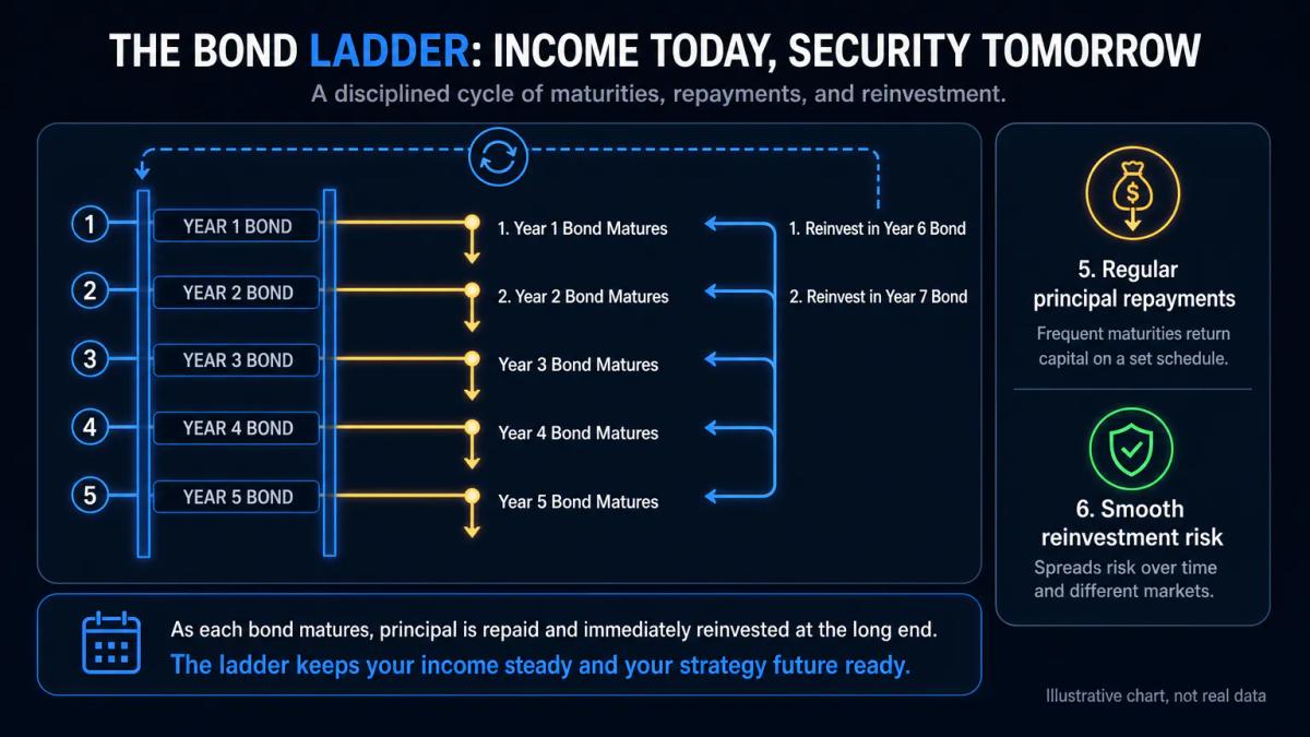 Bond ladder diagram with five bonds maturing in consecutive years, showing reinvestment cycle