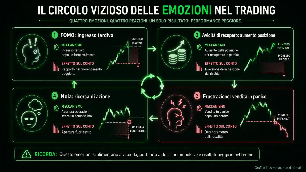 Quattro emozioni che guidano l'overtrading: FOMO, avidità di recupero, frustrazione e noia, con i loro effetti sul conto