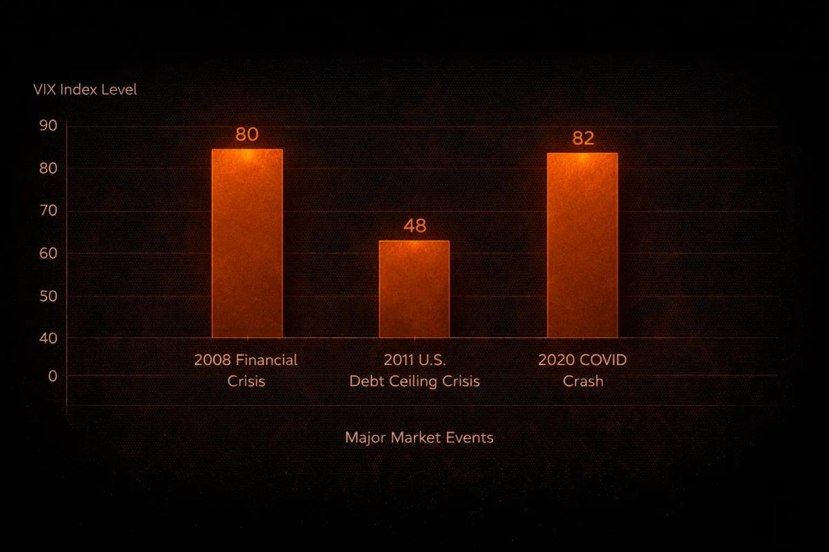 Bar chart comparing peak VIX values during the 2008 financial crisis at 80, 2011 debt ceiling crisis at 48, and 2020 COVID crash at 82