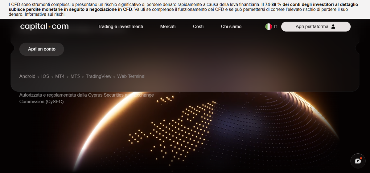 Pagina piattaforme di Capital.com con webtrader, app mobile, MT4, MT5 e integrazione TradingView