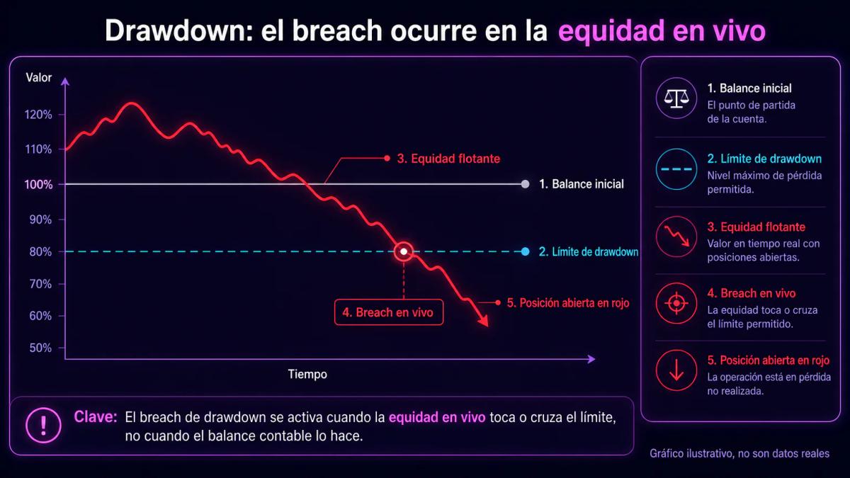 Gráfico editorial comparando balance cerrado versus equidad flotante en tiempo real con una posición abierta en rojo