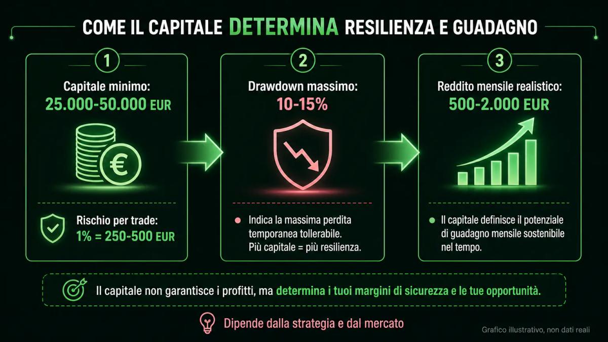 Tabella comparativa che mostra il capitale minimo, il drawdown massimo tollerabile e il reddito mensile stimato per tre profi