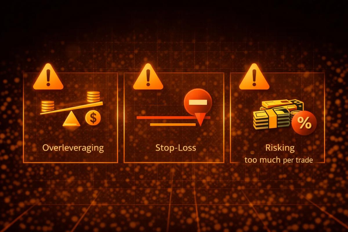 Common trading risk management mistakes illustrated with warning icons