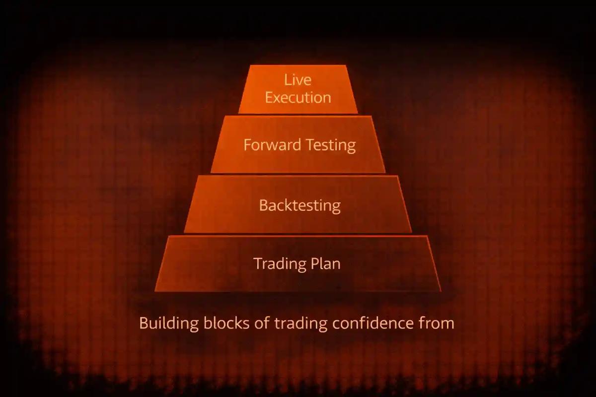 Pyramid diagram showing the building blocks of trading confidence from trading plan to live execution