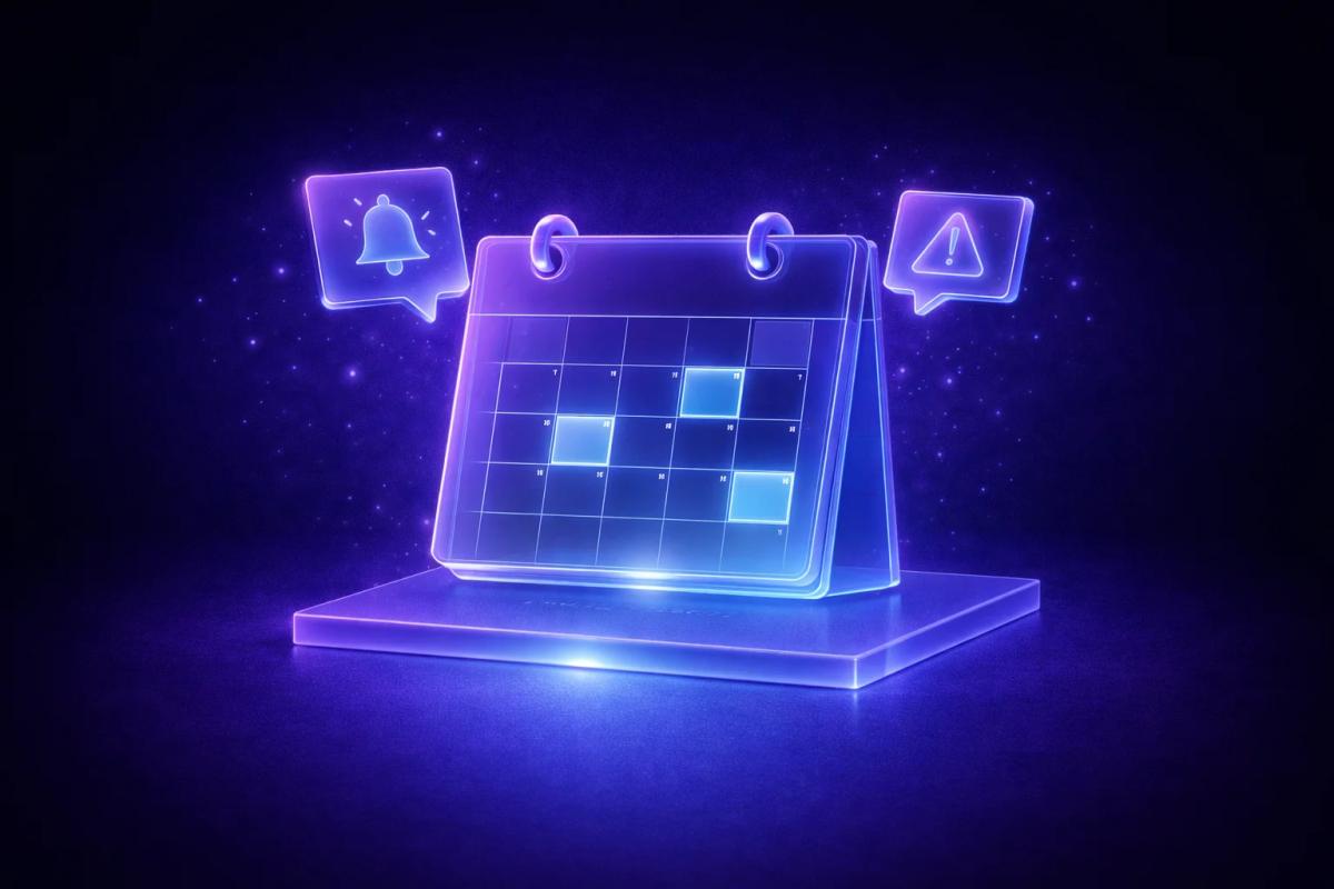 Calendario minimalista 3D con alertas flotantes en azul eléctrico sobre superficie traslúcida glassmorphism