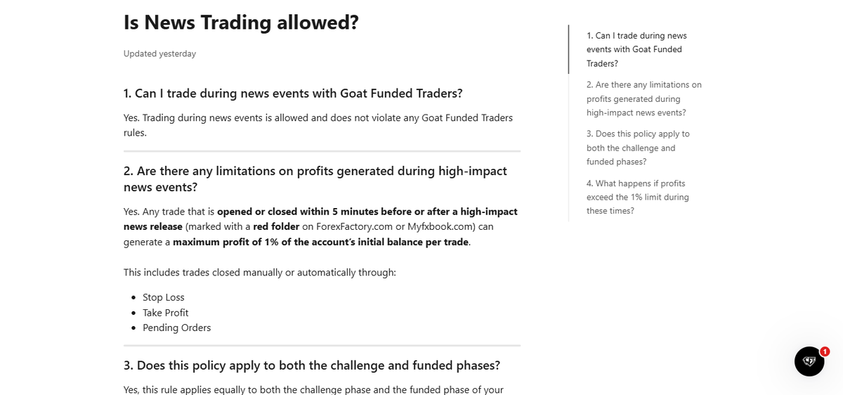 Trading conditions page with allowed strategies, news/EA policy, and platform details