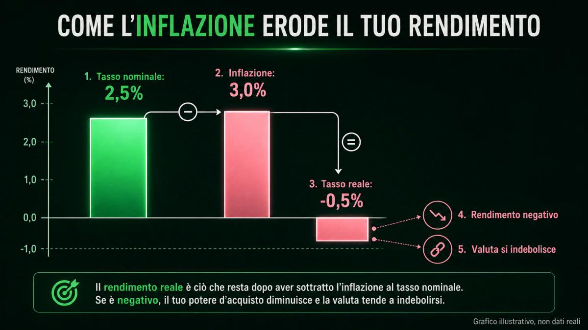 Infografica del calcolo del tasso reale: tasso nominale 2,5% meno inflazione 3% uguale rendimento reale −0,5%, con tre barre a confronto