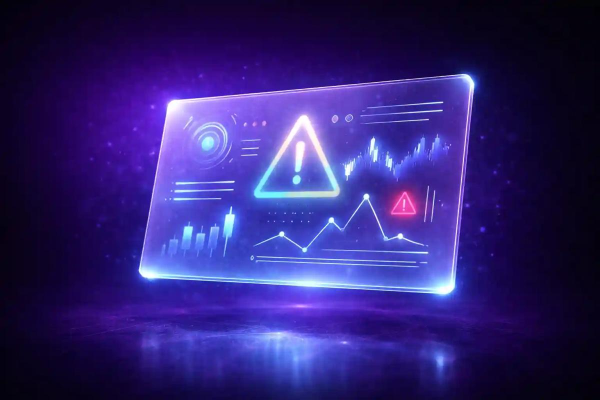Panel de control 3D translúcido con indicadores tipo alertas en azul eléctrico