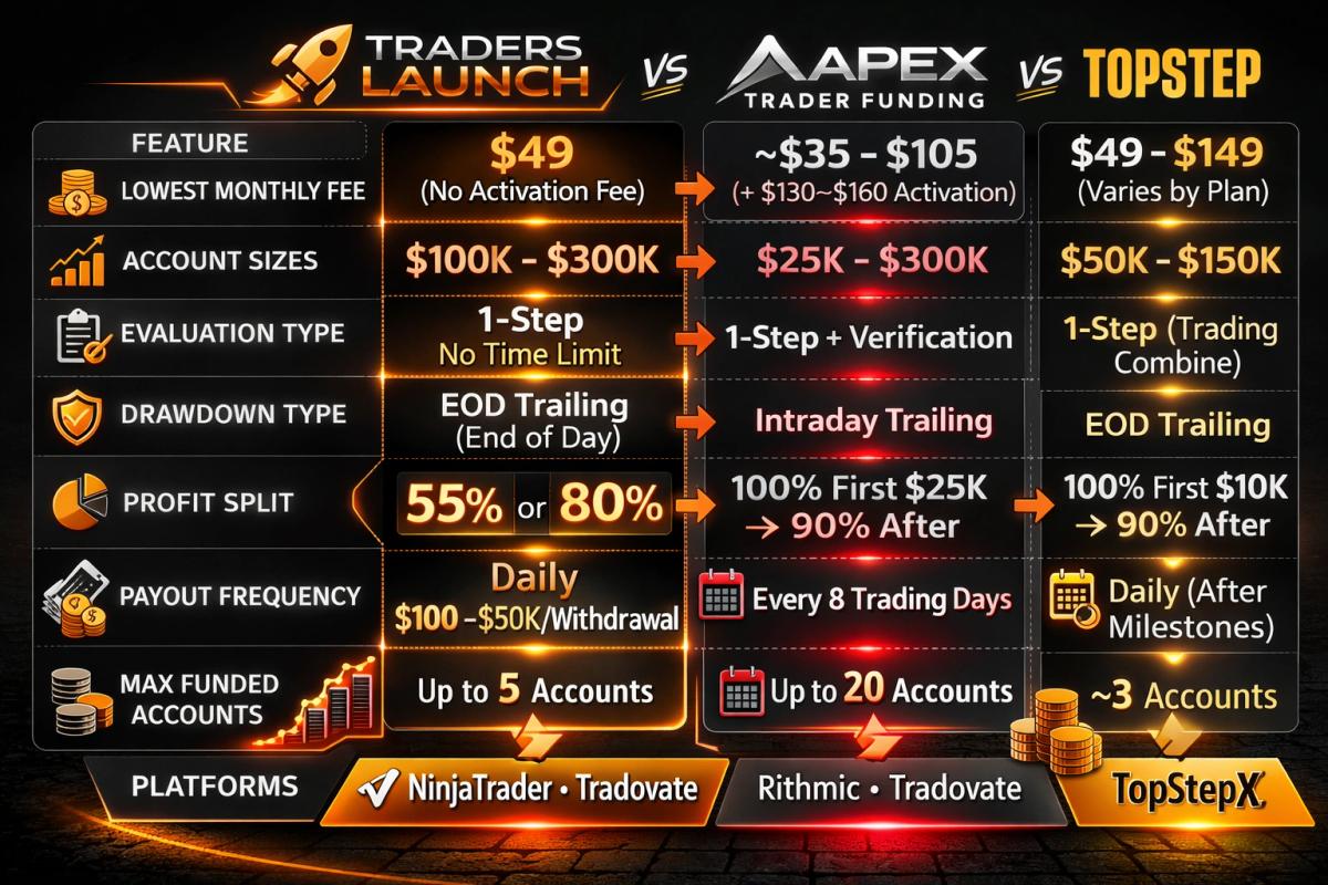 Traders Launch vs Apex Trader Funding vs TopStep comparison chart for futures prop firms