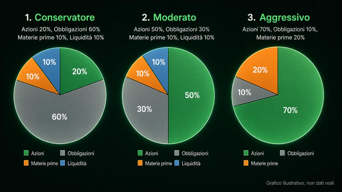 Tre portafogli modello con composizioni diverse di azioni, obbligazioni, materie prime e liquidità per profili conservatore,