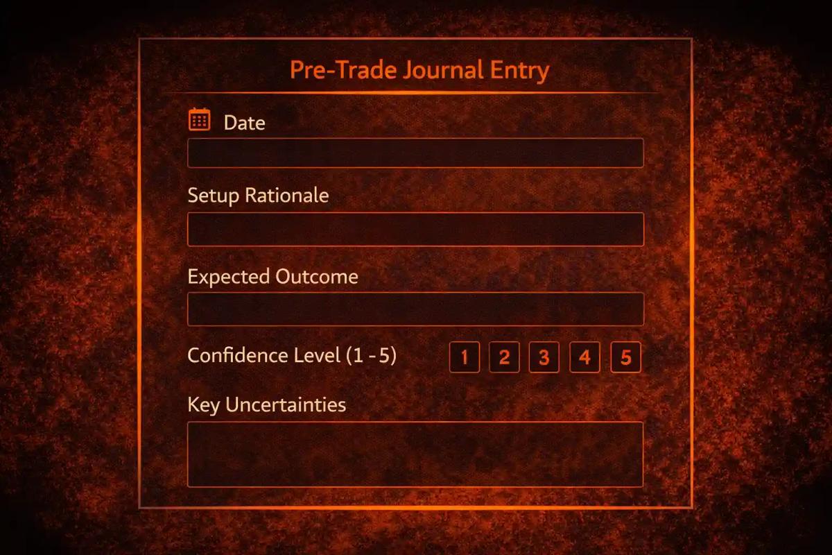 Pre-trade journal template showing fields for documenting setup rationale, expected outcome, confidence level, and key uncertainties