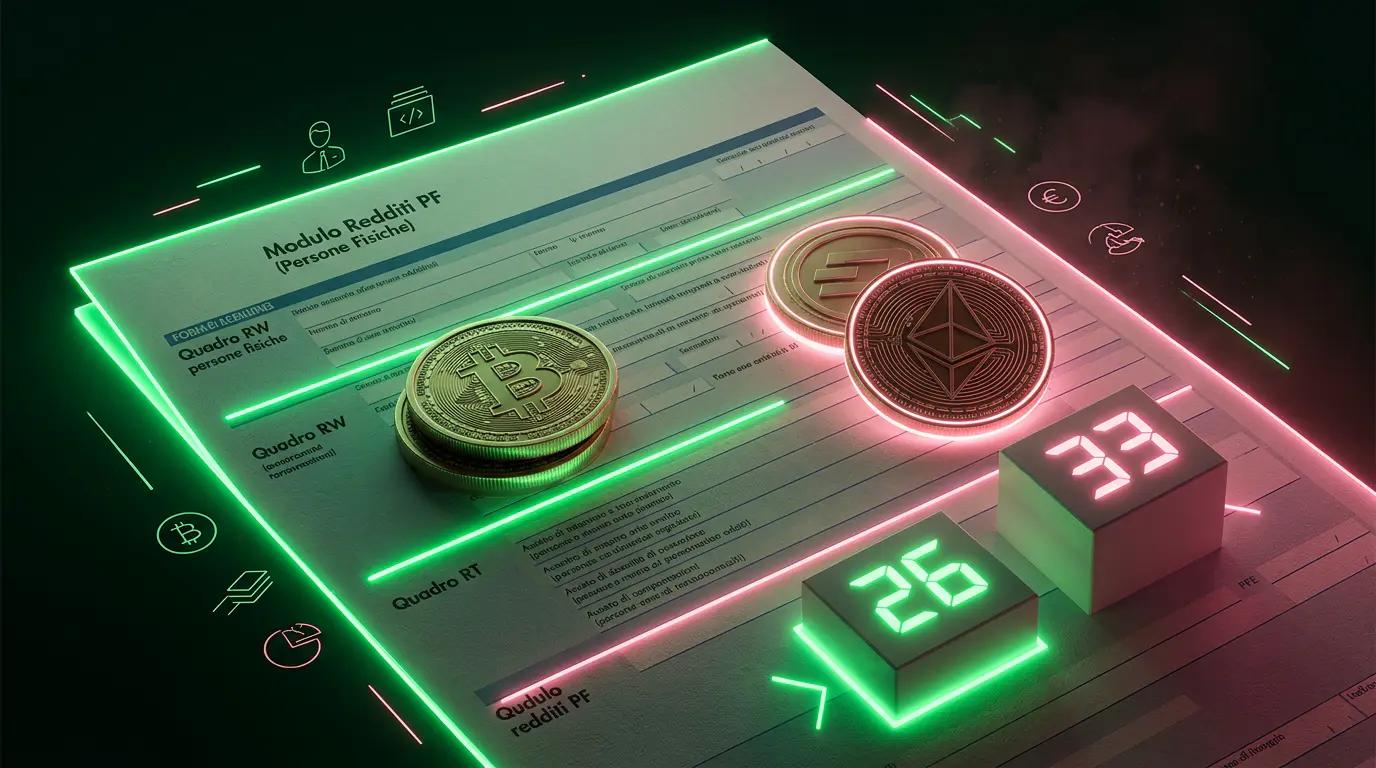 Modulo fiscale italiano con sezioni RW e RT evidenziate, accanto a simboli di criptovalute e percentuali di aliquota