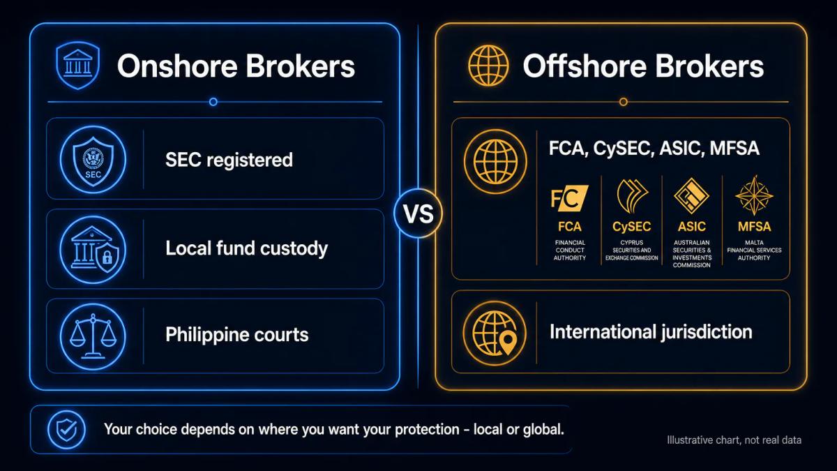 Two-column comparison of onshore broker protections versus offshore broker trade-offs