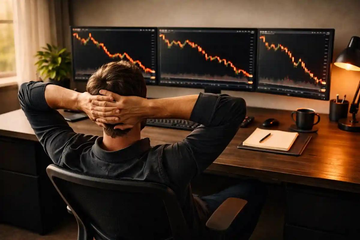 Trader pausing at multi-monitor desk to reflect during a losing streak