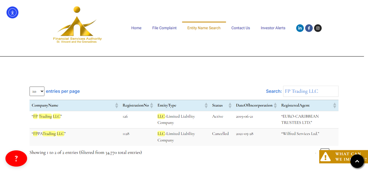 SVG FSA public register entry for FP Trading LLC, registration number 126 LLC 2019