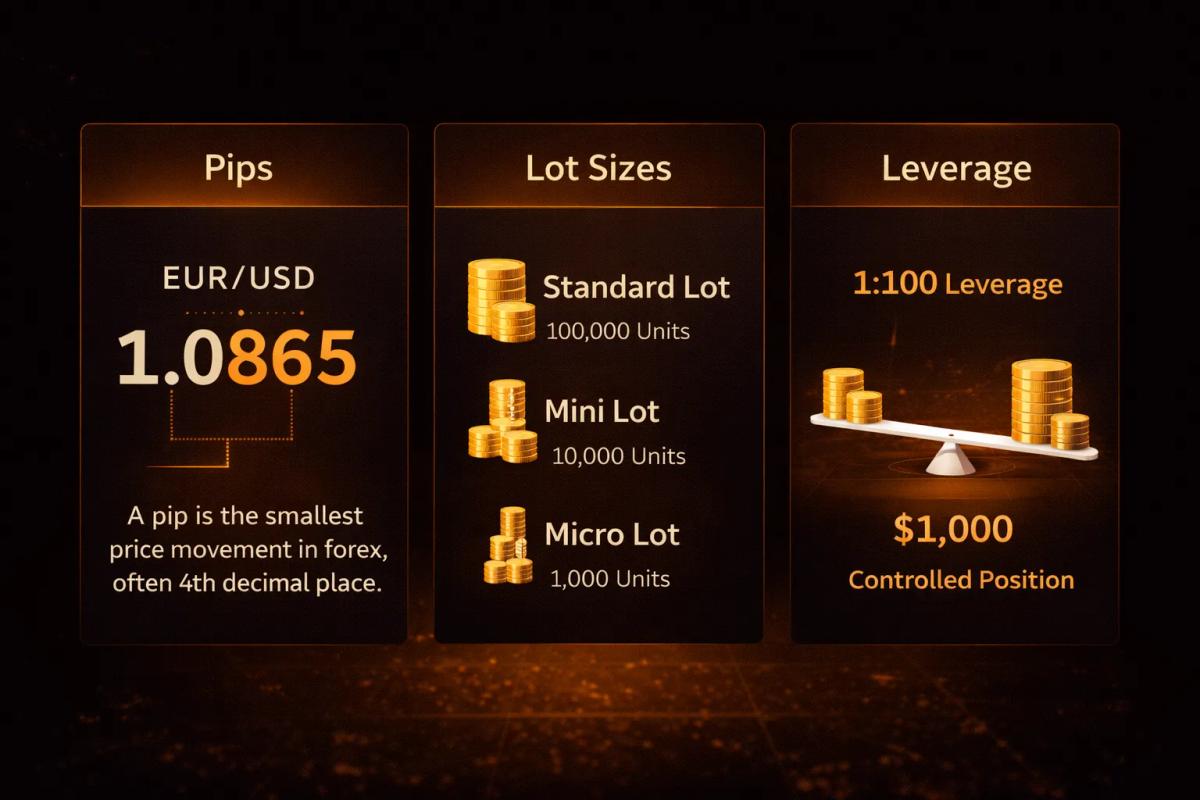 Forex trading infographic explaining pips, lot sizes, and leverage ratios for beginners