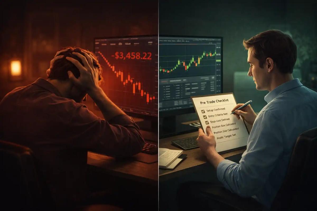 Split comparison of a stressed hopeful trader watching losses versus a calm strategic trader reviewing a checklist