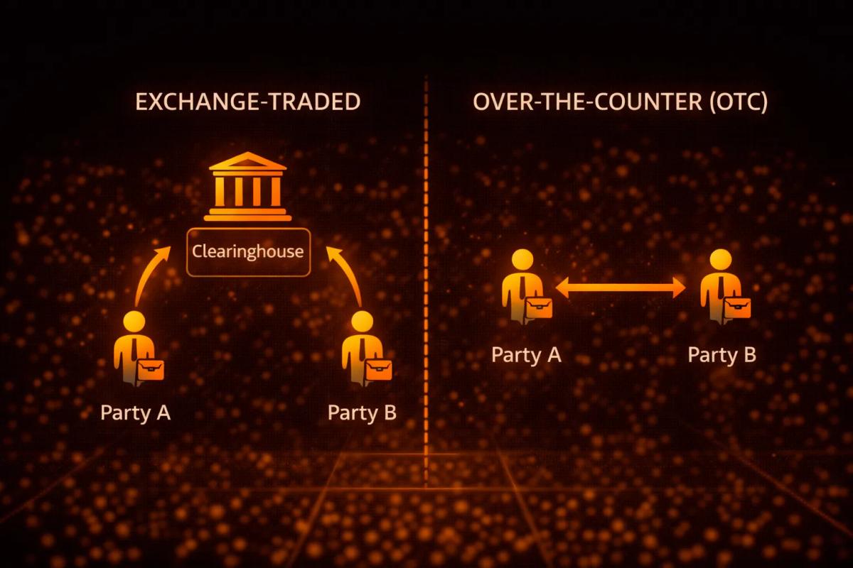 Diagram comparing exchange-traded derivatives with centralized clearing versus over-the-counter OTC derivatives traded directly between parties