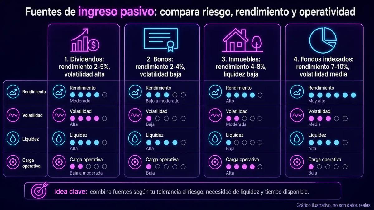 Comparativa de fuentes de ingresos pasivos: dividendos, bonos, rentas inmobiliarias y fondos indexados