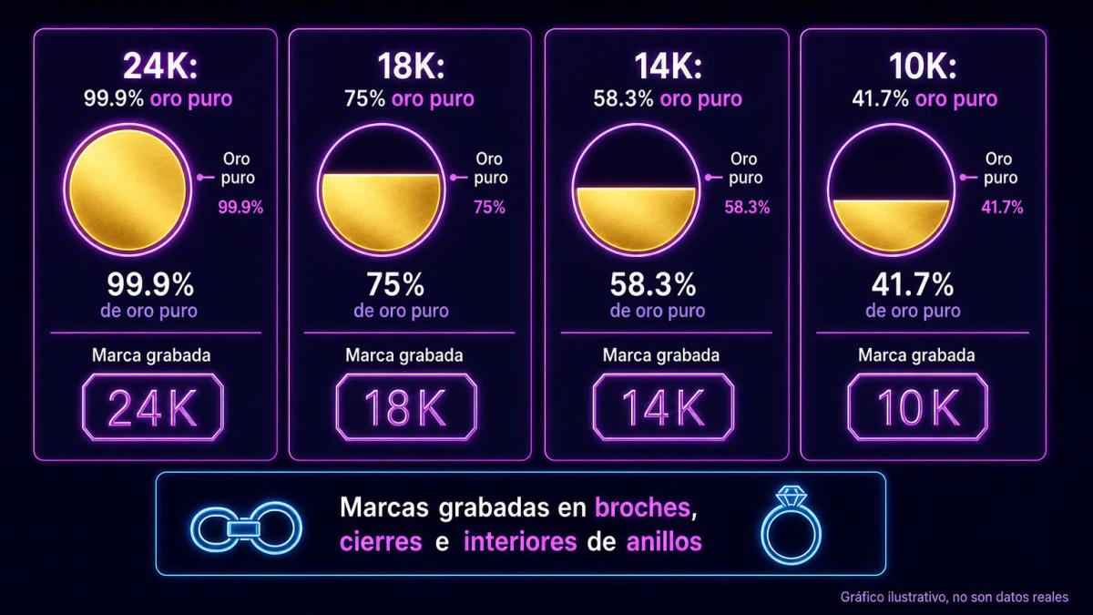 Tabla comparativa de kilatajes de oro mostrando 24K, 18K, 14K y 10K con sus porcentajes de pureza y marcas de identificación