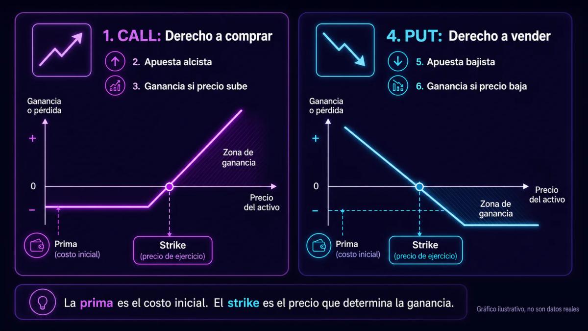 Comparación visual de call y put con flechas de precio opuestas y zonas de ganancia invertidas