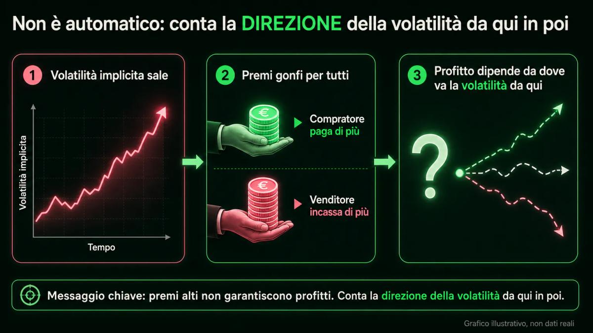 Tre riquadri che mostrano il ciclo di errore: alta volatilità implicita, premi gonfi per tutti, profitto dipende dalla direzi