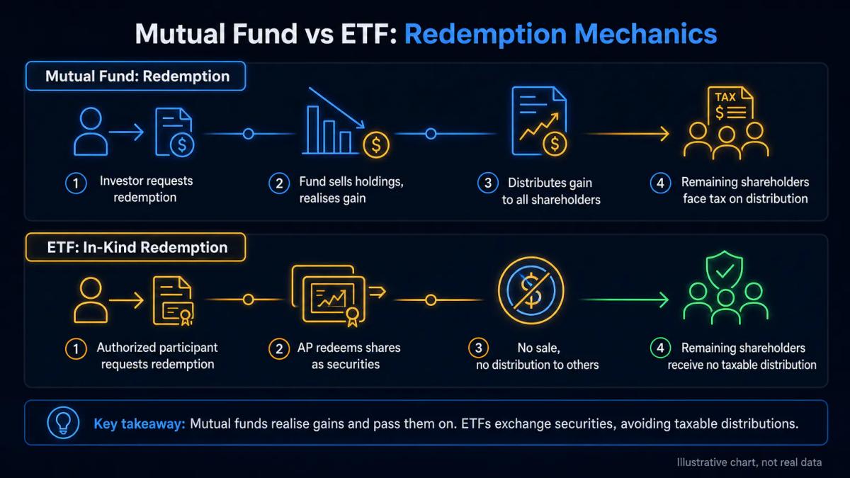 Timeline showing mutual fund capital gains distribution versus ETF in-kind redemption avoiding distribution