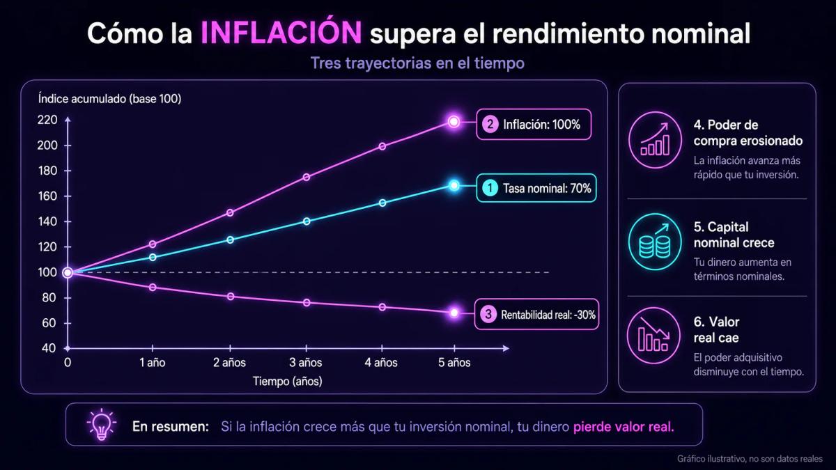 Evolución de poder de compra mostrando tasa nominal, inflación y rentabilidad real como tres líneas divergentes