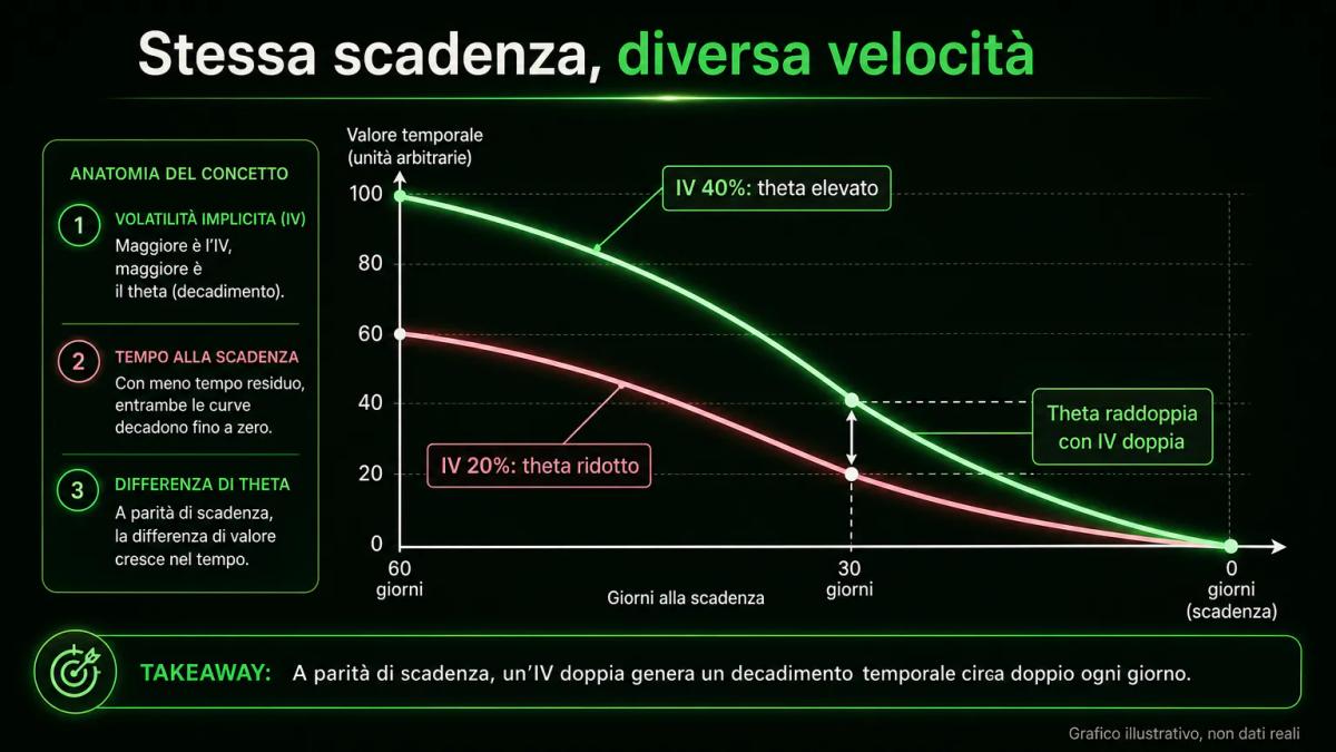 Confronto di due curve di theta con volatilità implicita alta e bassa