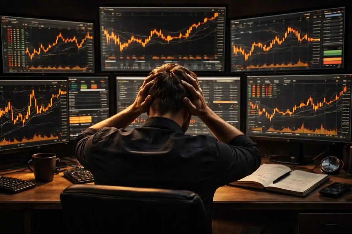 Trader at multi-monitor desk overwhelmed by numerous open chart windows showing decision overload