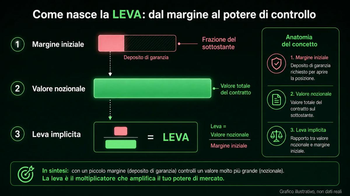 Infografica del margine futures: deposito di garanzia, valore nozionale e leva implicita con etichette