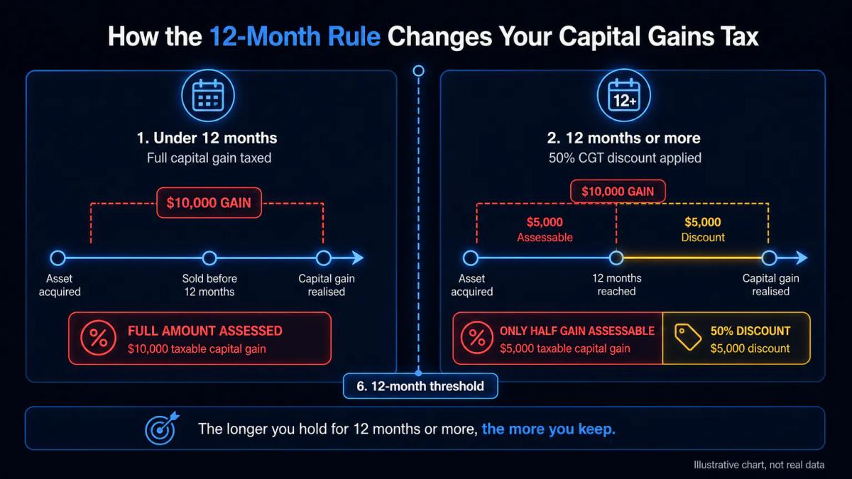 Two asset holding timelines: one under 12 months taxed at full gain, one over 12 months taxed at 50% gain