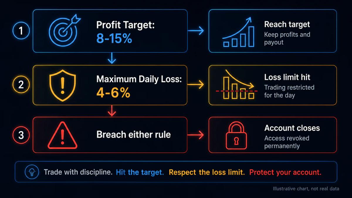 Evaluation challenge flowchart showing profit target, daily loss limit, and account closure rules