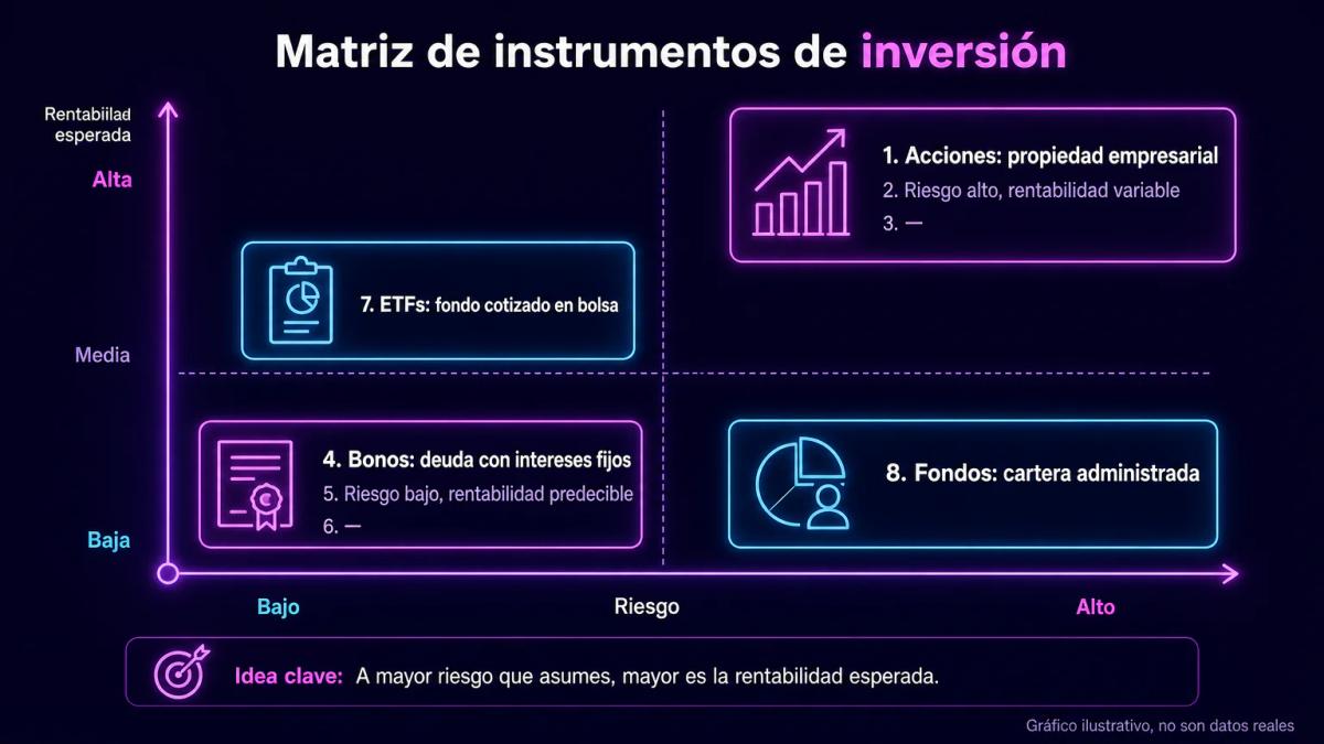 Diagrama de los cuatro instrumentos financieros transables: acciones, bonos, ETFs y fondos de inversión con sus característic
