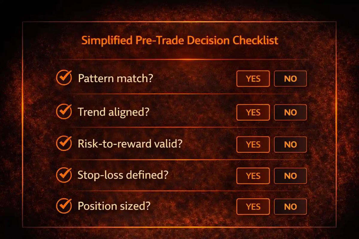 Structured pre-trade decision checklist with binary yes or no checkpoints for overcoming analysis paralysis