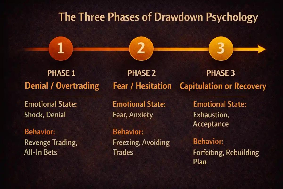 Three-phase timeline of drawdown psychology showing denial and overtrading, fear and hesitation, and capitulation or recovery stages