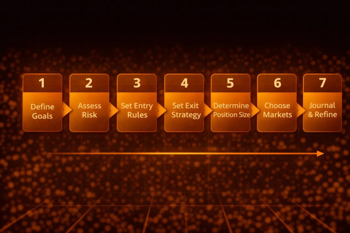 Seven-step process flowchart for creating a trading plan from goals to refinement
