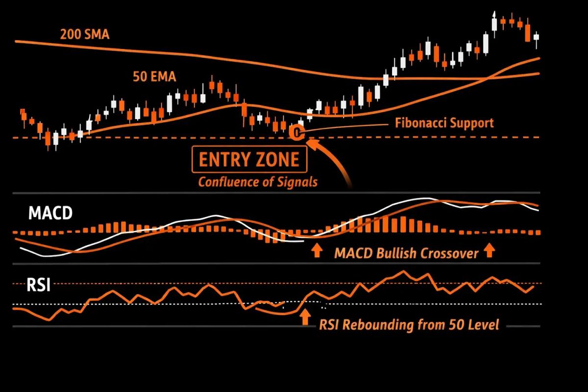 Chart showing moving averages MACD and RSI indicator confluence at a position trade entry point