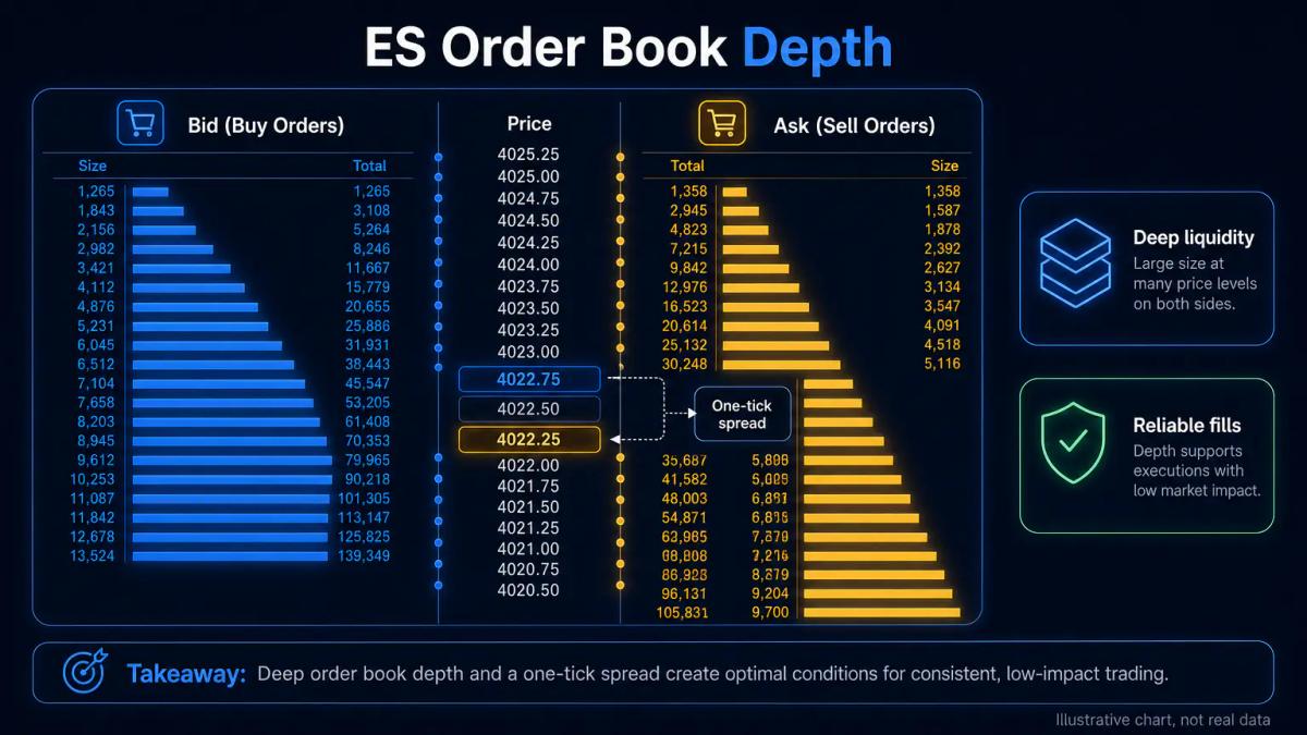 Order book depth chart showing tight bid-ask spread and order stacks for ES contract