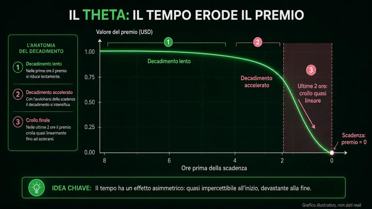 Grafico editoriale che mostra il decadimento theta di un'opzione OTM nelle ultime due ore prima della scadenza